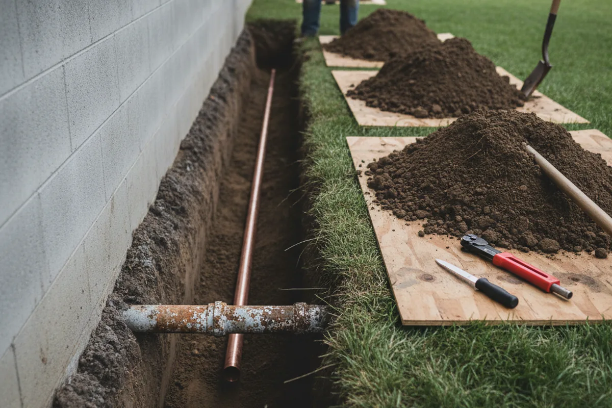 Excavated water line trench during Sewer Line Repair in Garland